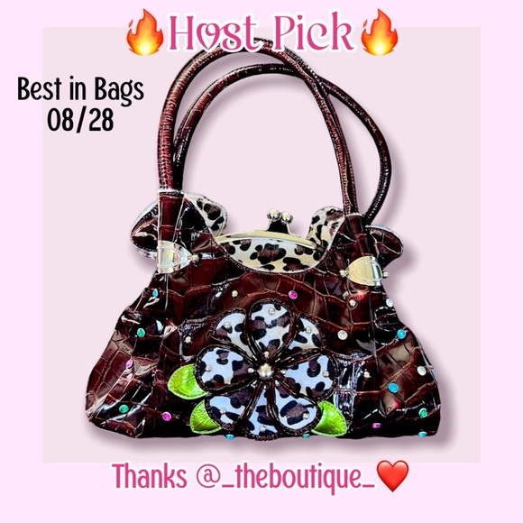 Brown Faux Croc Purse w/furry animal print trim, kiss lock, gems EUC - Picture 15 of 15